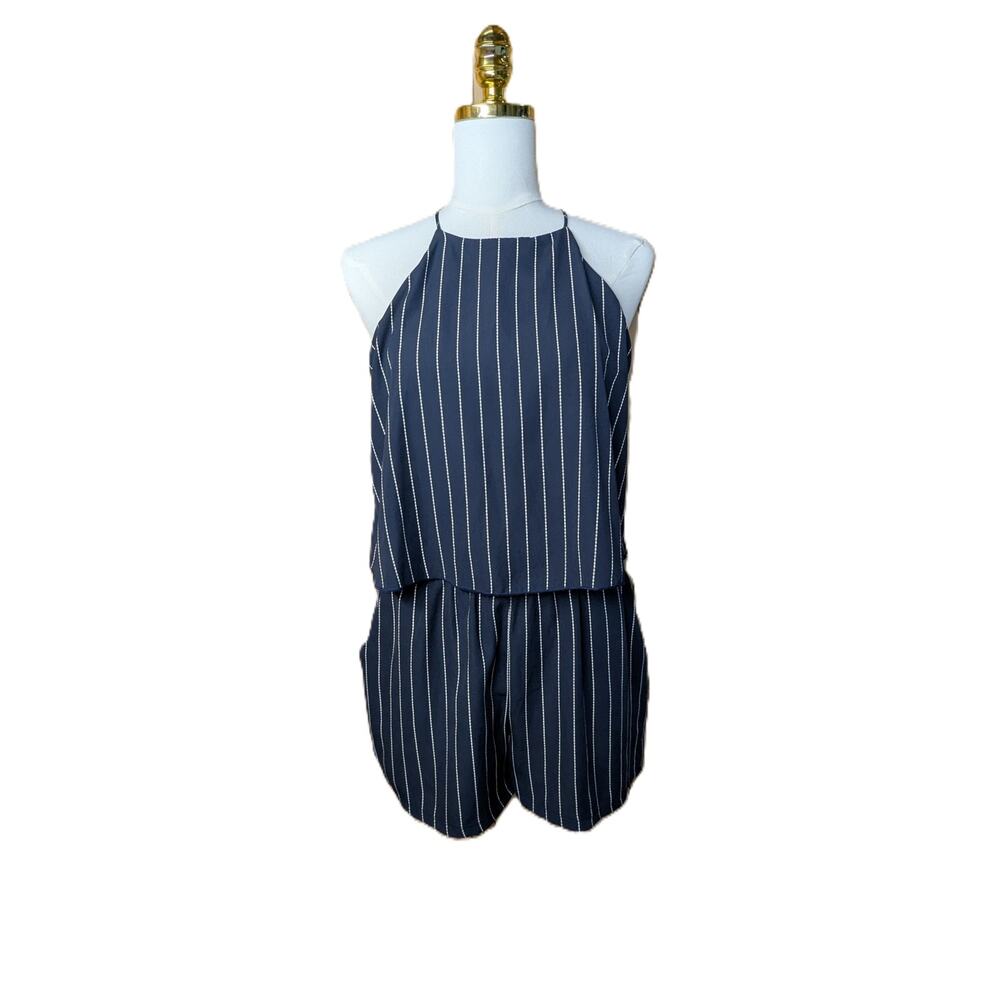 The Impeccable Pig Blue Striped Flutter top Romper Womens Medium